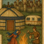 Une petite famille médiévale danse devant une yourte. Derrière, on voit une caravane et une ville fortifiée.
