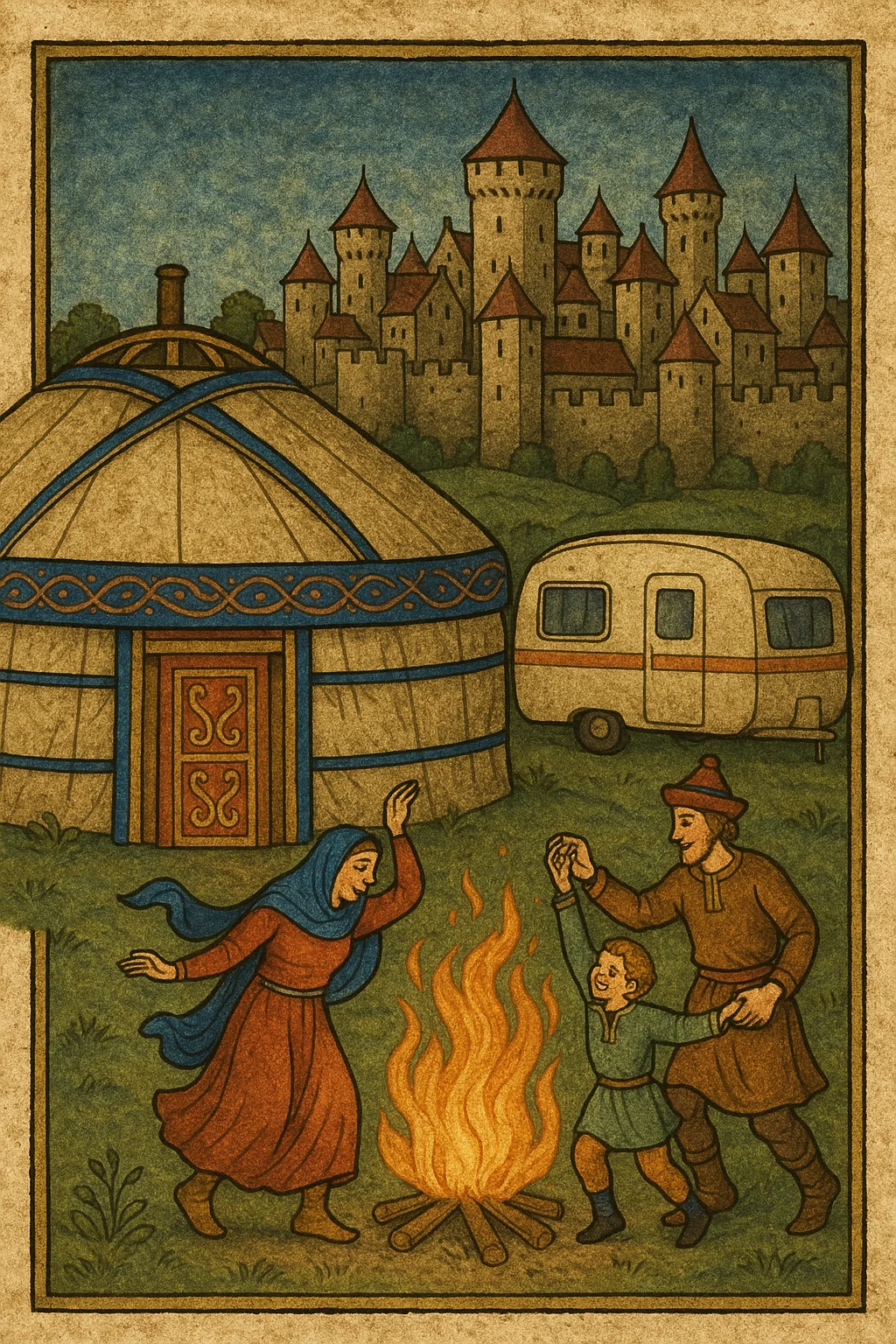 Une petite famille médiévale danse devant une yourte. Derrière, on voit une caravane et une ville fortifiée.